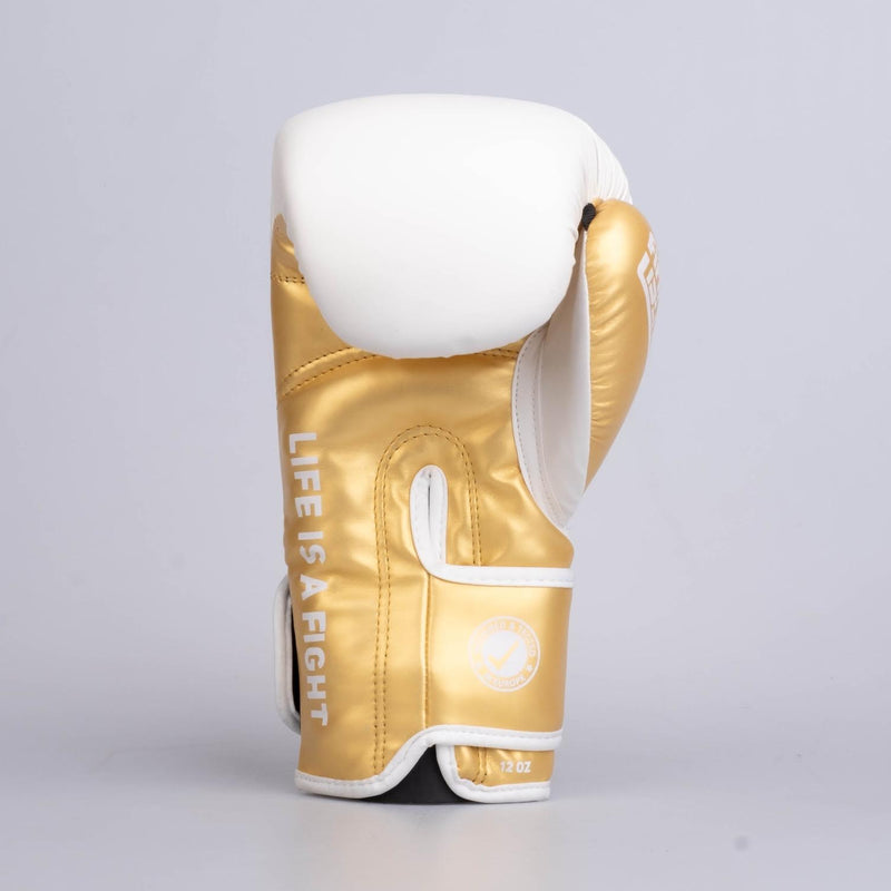 Guantes de boxeo de PU para entrenamiento de combate en color blanco y dorado - FBG-TRP-002