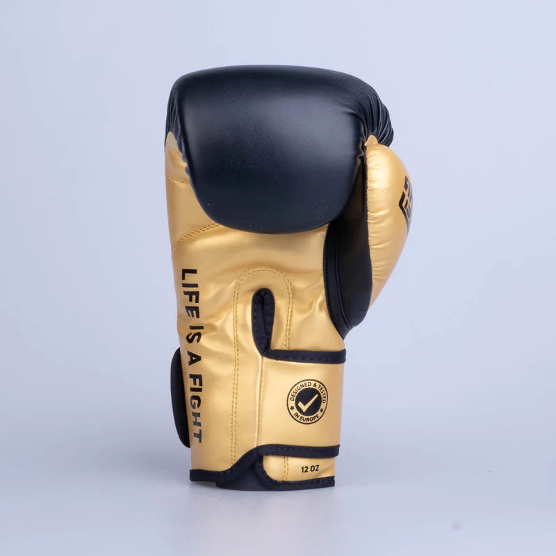 Guantes de boxeo de entrenamiento de PU, color negro y dorado, FBG-TRP-001