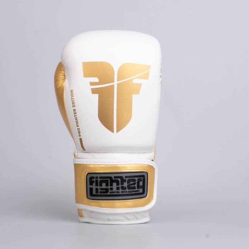 Guantes de boxeo de PU para entrenamiento de combate en color blanco y dorado - FBG-TRP-002