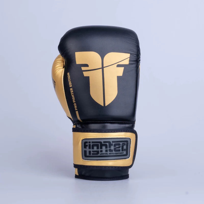 Guantes de boxeo de entrenamiento de PU, color negro y dorado, FBG-TRP-001