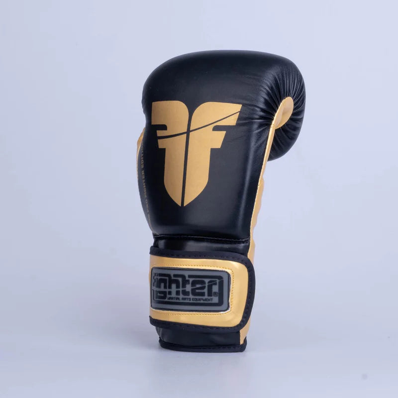 Guantes de boxeo de entrenamiento de PU, color negro y dorado, FBG-TRP-001