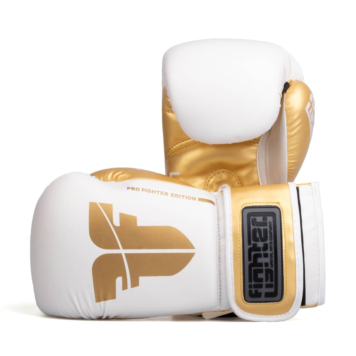 Guantes de boxeo de PU para entrenamiento de combate en color blanco y dorado - FBG-TRP-002