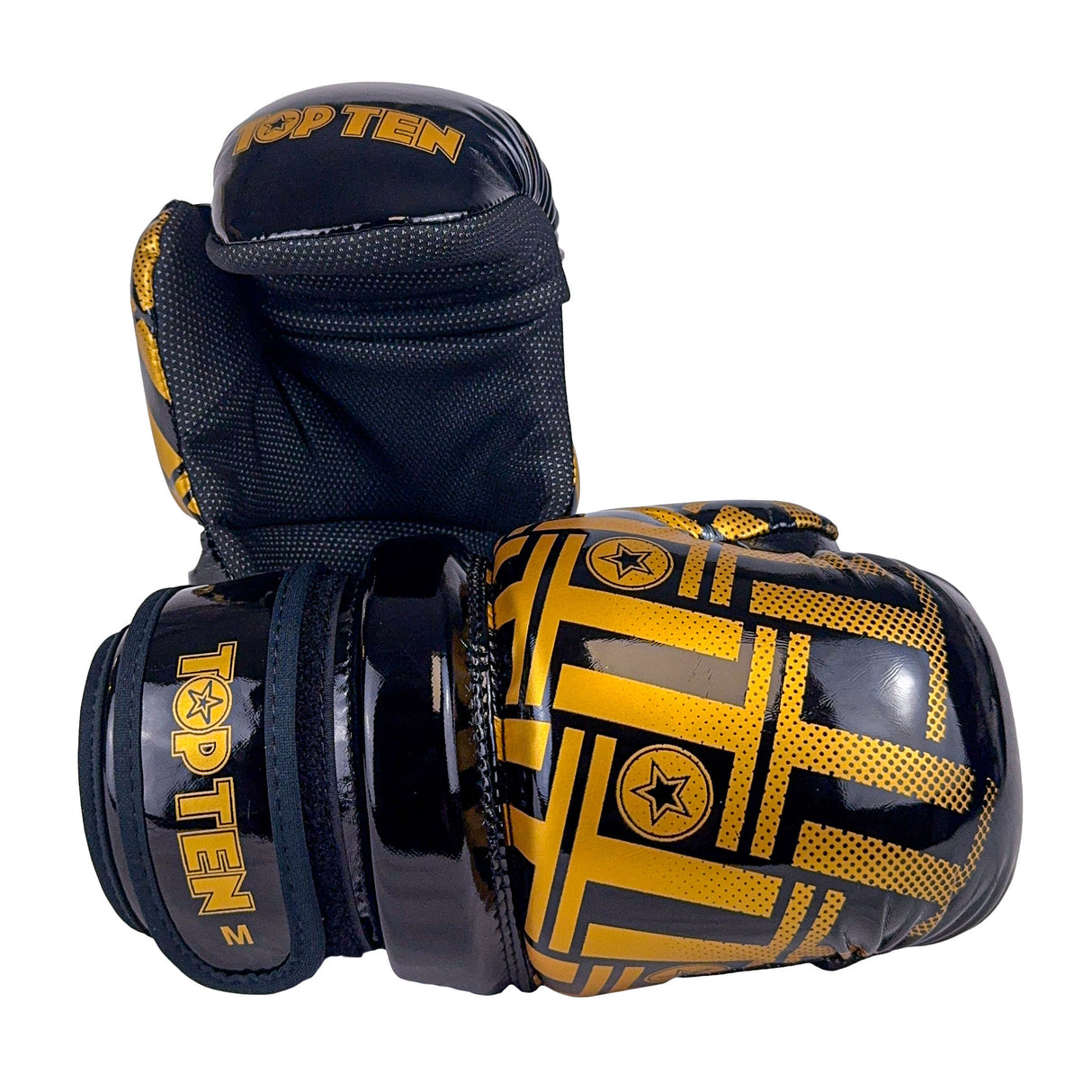 TOP TEN Glossy Black/Gold Prism Pointfighter Open-Hand Gloves