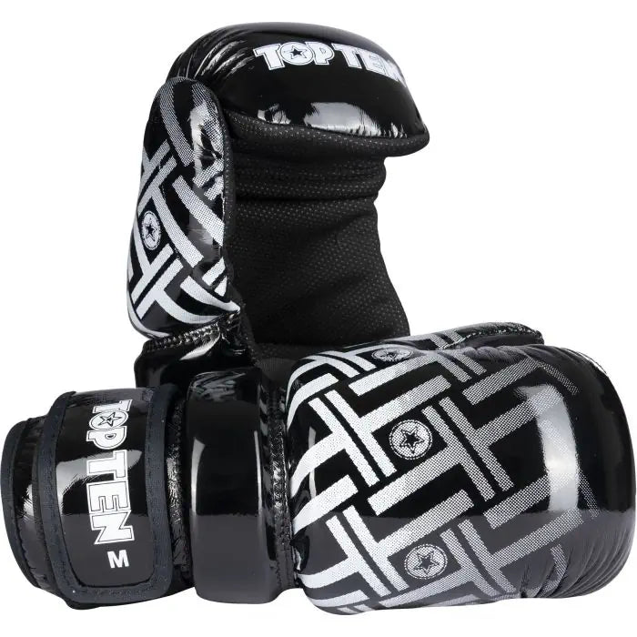 Guantes de mano abierta Prism Pointfighter en blanco y negro brillante TOP TEN