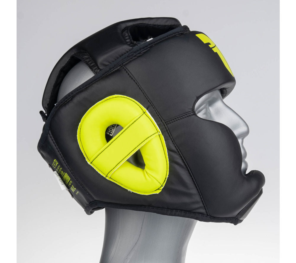 Casco de combate para sparring, color negro y amarillo neón