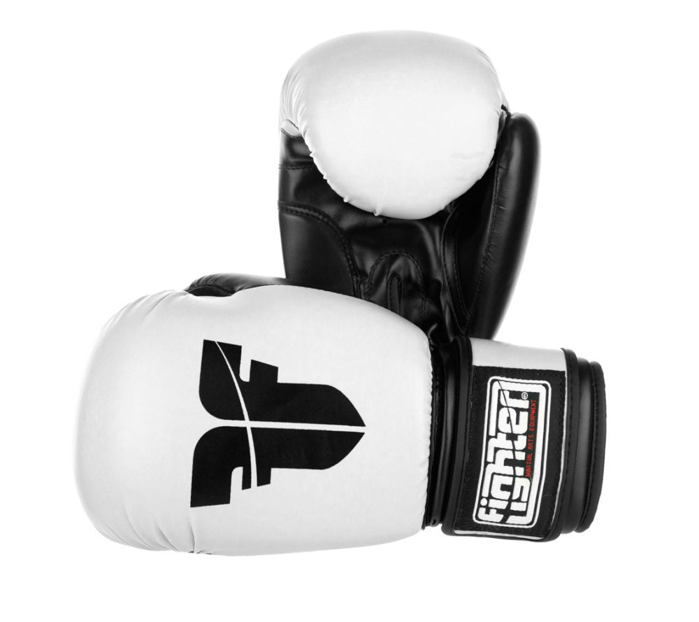 Guantes de boxeo básicos de piel sintética de PU Fighter, color blanco y negro 1376APUWB