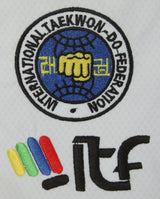 Uniforme de instructor de taekwon-do TOP TEN ITF - Dobok dorado premium - Blanco/negro, 16782-1 (4.º - 6.º Dan)