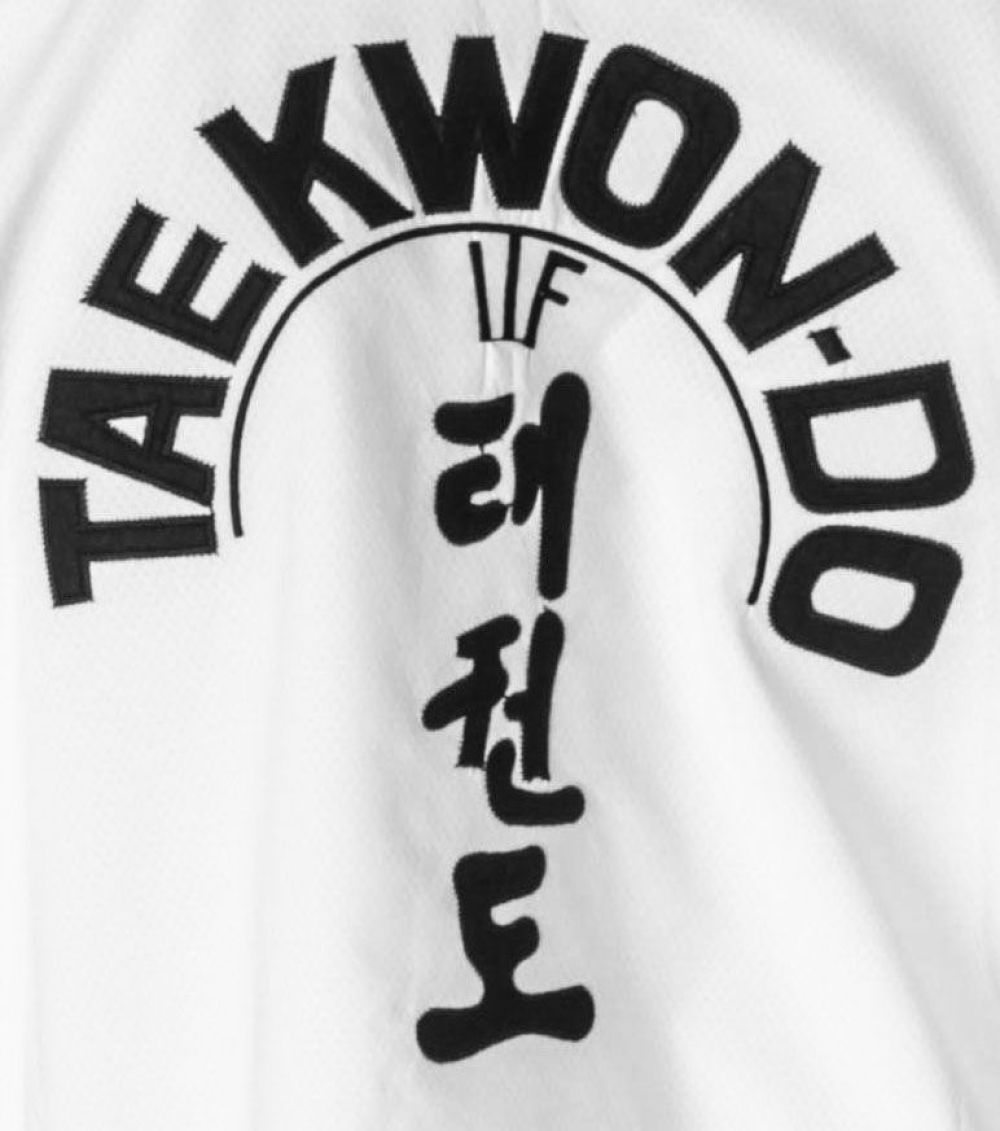 Uniforme de instructor de taekwon-do TOP TEN ITF - Dobok dorado premium - Blanco/negro, 16782-1 (4.º - 6.º Dan)