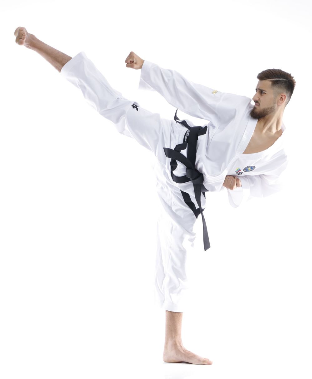 Uniforme de instructor asistente TOP TEN ITF - Dobok dorado premium blanco/negro, 16772-1 (1.er - 3.er Dan)